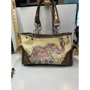 Women's Brown Boho Elephant Handbag Studded Tote Brown Faux Leather